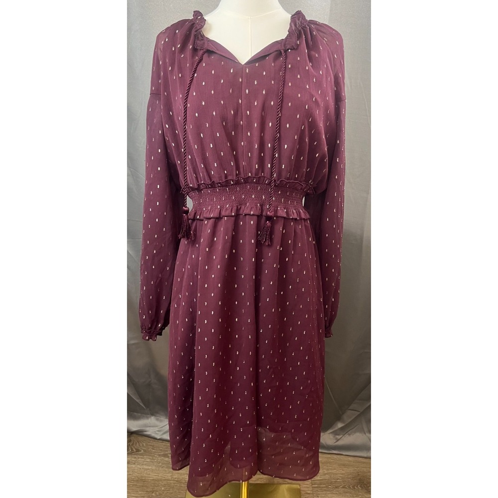 Dip Burgundy Gold Metallic Ruffle Sheer Sleeve Fit Flare Dress Medium